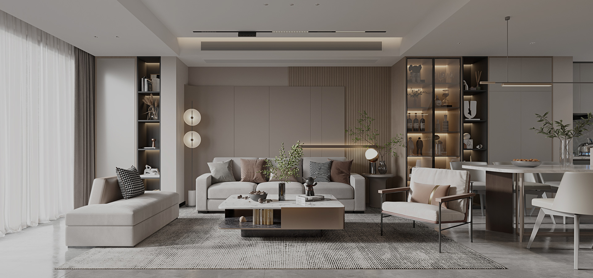 Modern living room featuring stylish WPC wall panels and decorative bamboo charcoal accents, complemented by sleek furniture and ambient lighting.